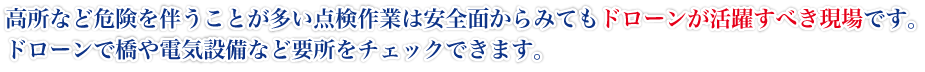 高所など危険を伴うことが多い点検作業は安全面からみてもドローン活用が活躍すべき現場です。ドローンで橋や電気設備など要所をチェックできます。